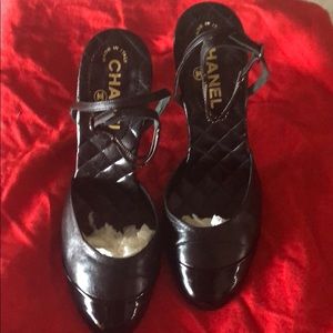 Chanel round toe chain ankle strap 3 inch heel